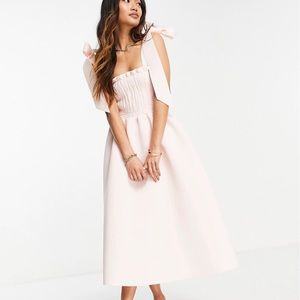 ASOS DESIGN shirred bunny tie midi dress in blush